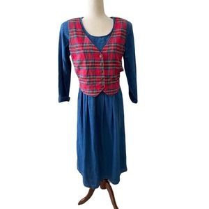 Denim Red Tartan Plaid Dress Vintage Cottage Core 8 Petite Medium Tie Back
